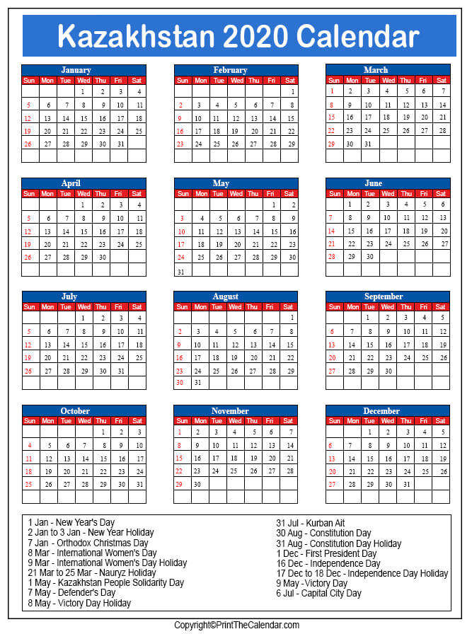 Kazakhstan Printable Calendar 2020